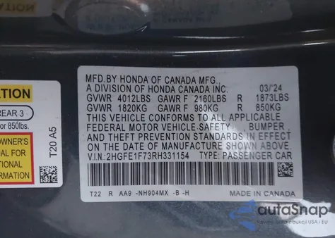 2024 Honda Civic Ex from USA, damaged, VIN 2HGFE1F73RH331154